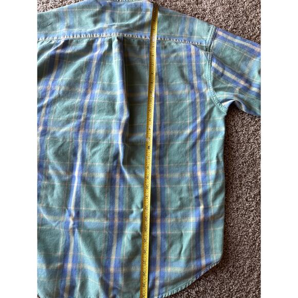 Gap Faded Sea Green Periwinkle Blue Soft Yellow Tattersall Plaid XL Flannel - Picture 6 of 7